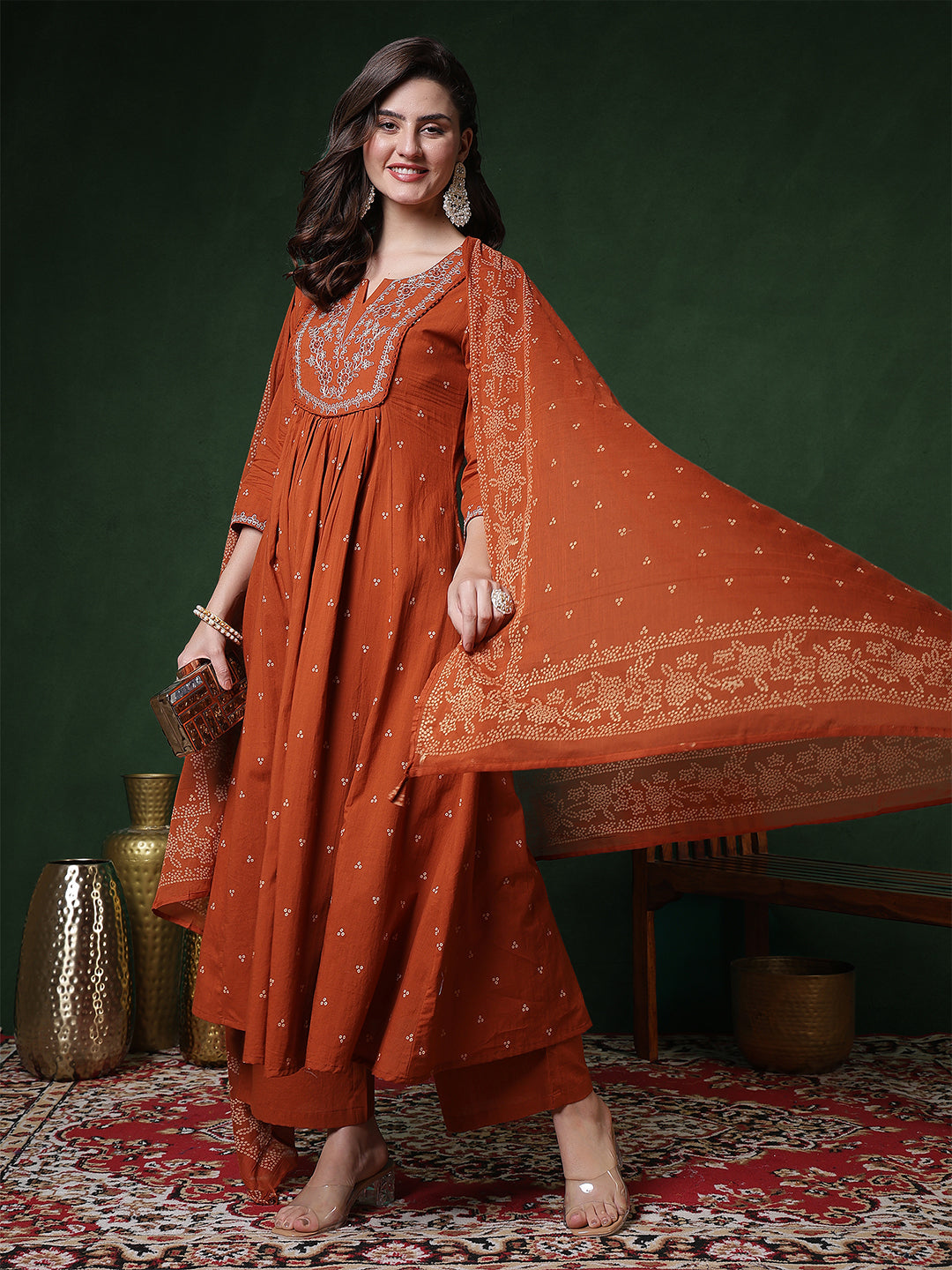 Cotton Calf Length Printed 3/4 Sleeves Round Neck Semi-Flared Kurta Suit Set
