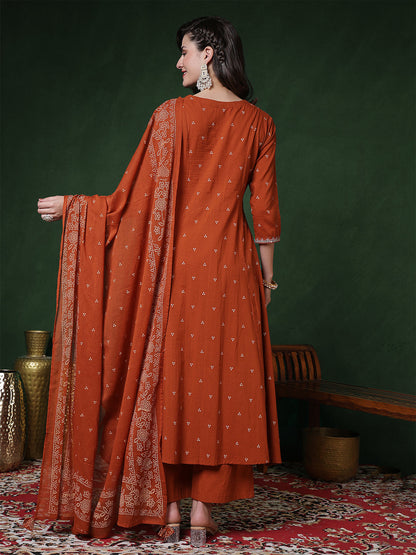 Cotton Calf Length Printed 3/4 Sleeves Round Neck Semi-Flared Kurta Suit Set