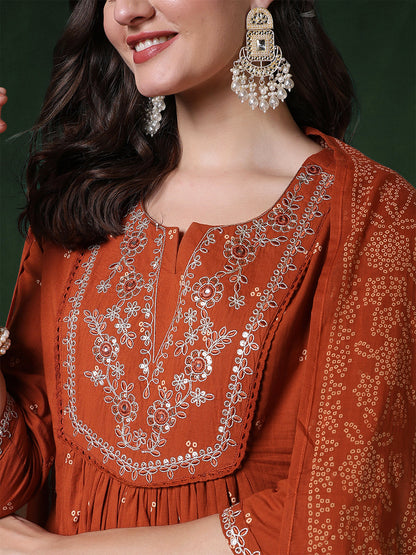 Cotton Calf Length Printed 3/4 Sleeves Round Neck Semi-Flared Kurta Suit Set