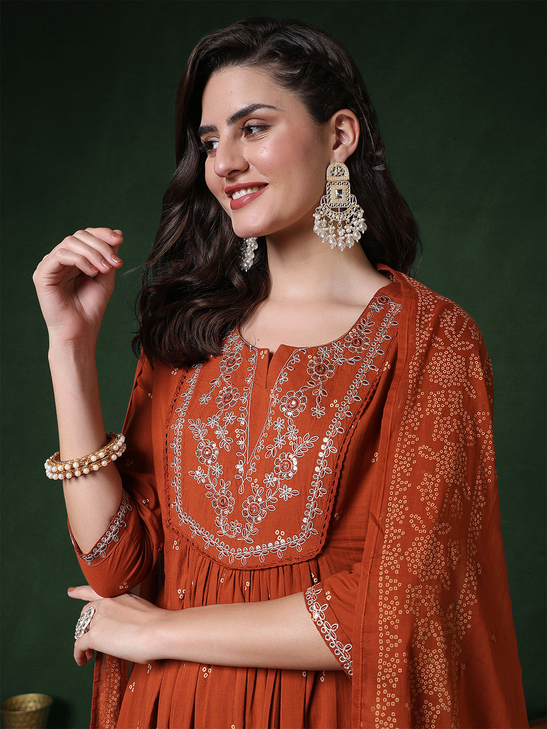 Cotton Calf Length Printed 3/4 Sleeves Round Neck Semi-Flared Kurta Suit Set