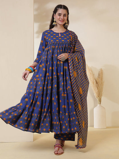 Cotton Calf Length Printed 3/4 Sleeves Key Hole Neck Anarkali Kurta Suit Set