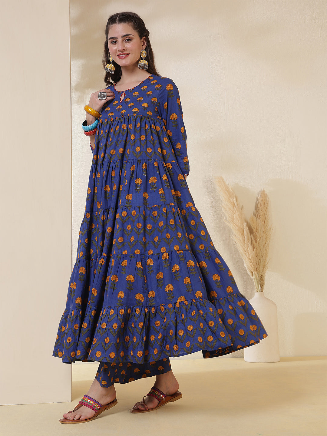 Cotton Calf Length Printed 3/4 Sleeves Key Hole Neck Anarkali Kurta Suit Set
