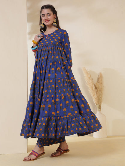 Cotton Calf Length Printed 3/4 Sleeves Key Hole Neck Anarkali Kurta Suit Set