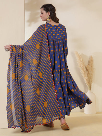 Cotton Calf Length Printed 3/4 Sleeves Key Hole Neck Anarkali Kurta Suit Set