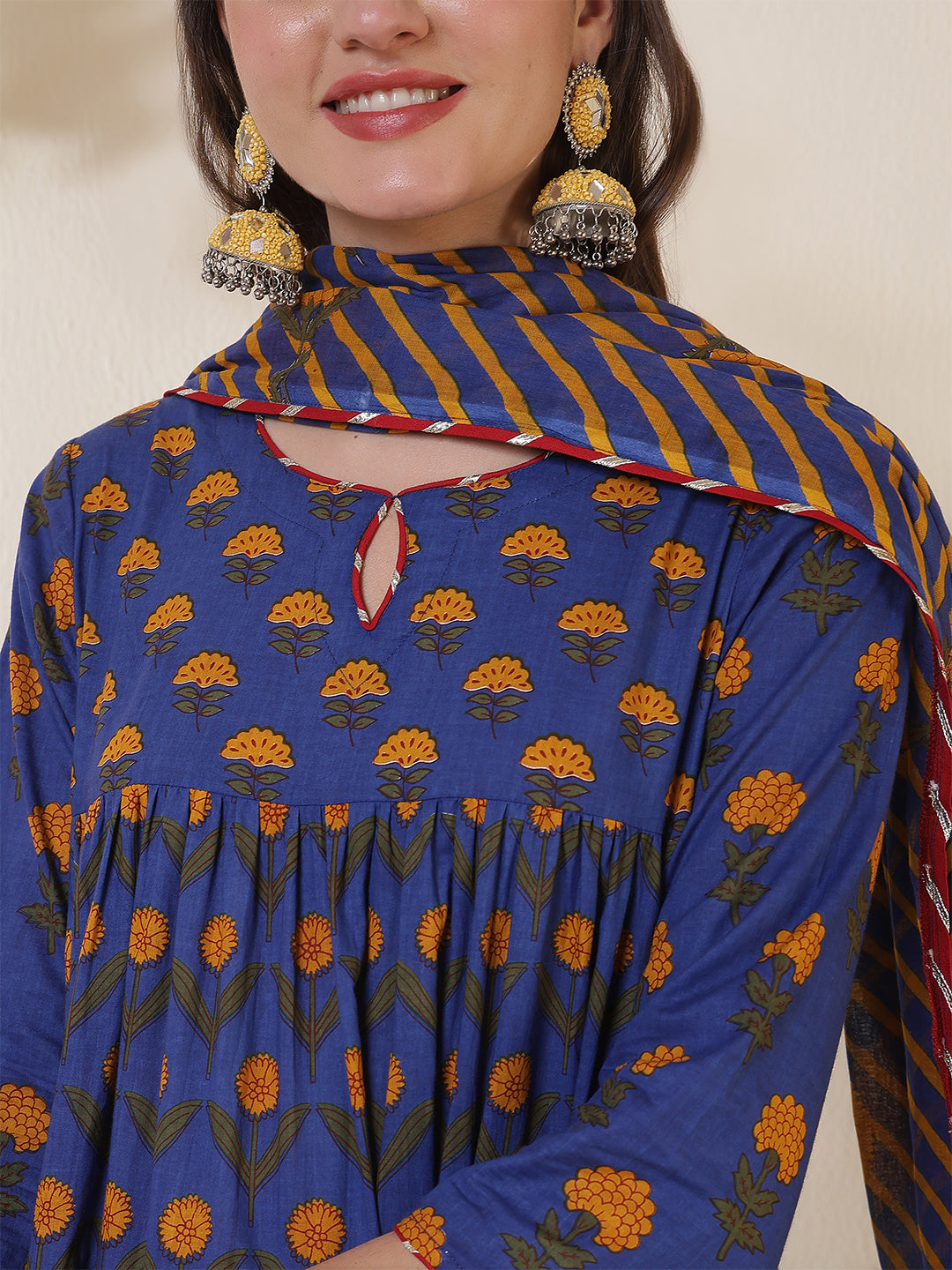 Cotton Calf Length Printed 3/4 Sleeves Key Hole Neck Anarkali Kurta Suit Set