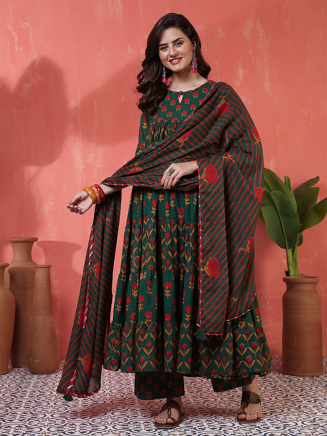 Cotton Calf Length Printed 3/4 Sleeves Key Hole Neck Anarkali Kurta Suit Set