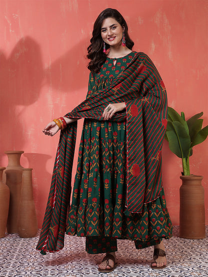 Cotton Calf Length Printed 3/4 Sleeves Key Hole Neck Anarkali Kurta Suit Set