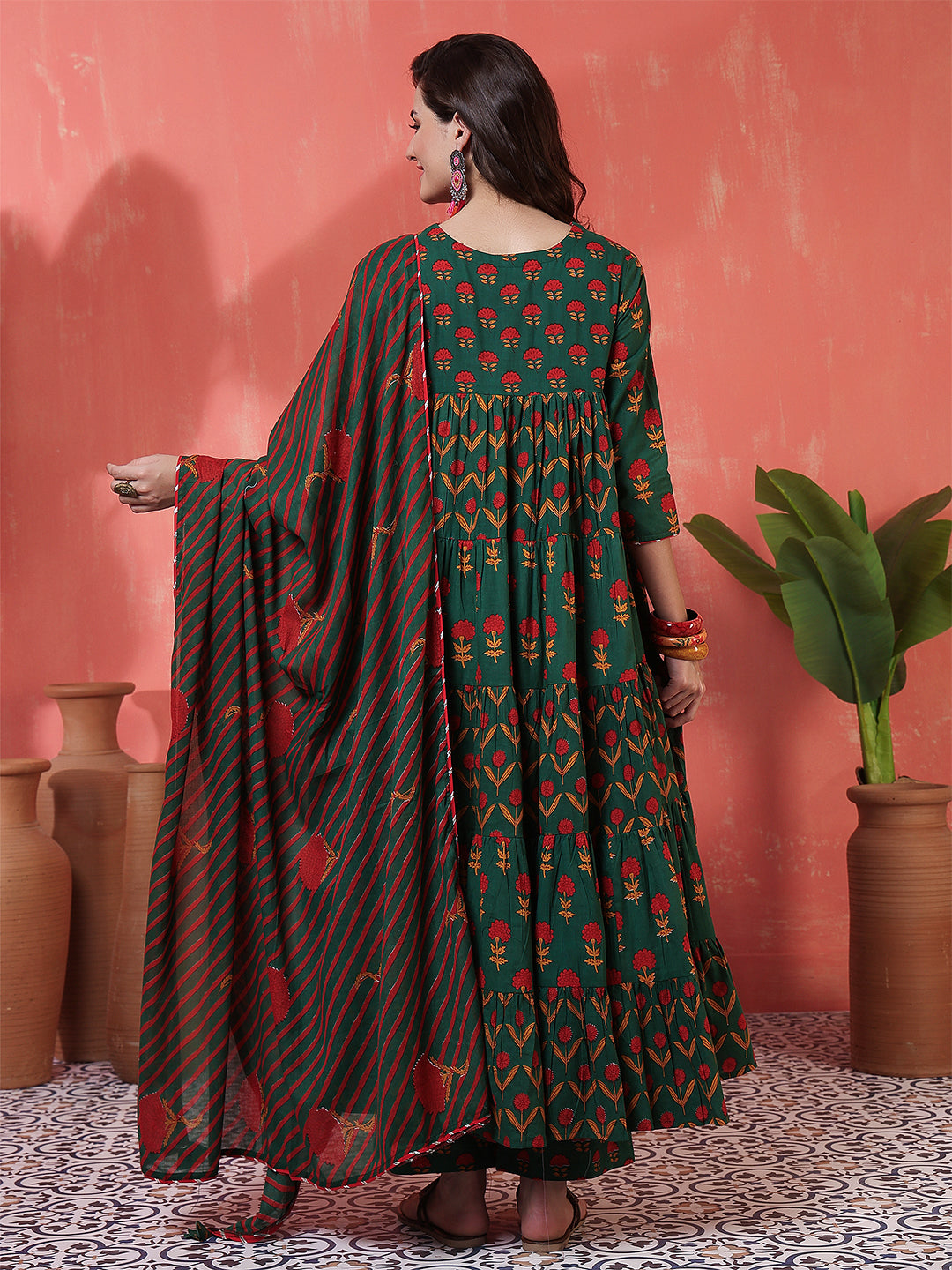 Cotton Calf Length Printed 3/4 Sleeves Key Hole Neck Anarkali Kurta Suit Set