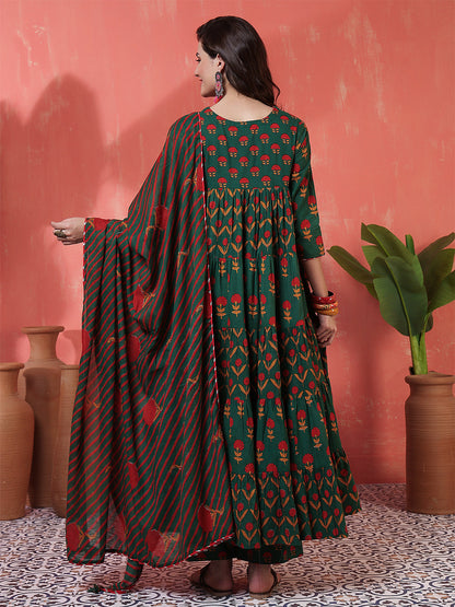 Cotton Calf Length Printed 3/4 Sleeves Key Hole Neck Anarkali Kurta Suit Set