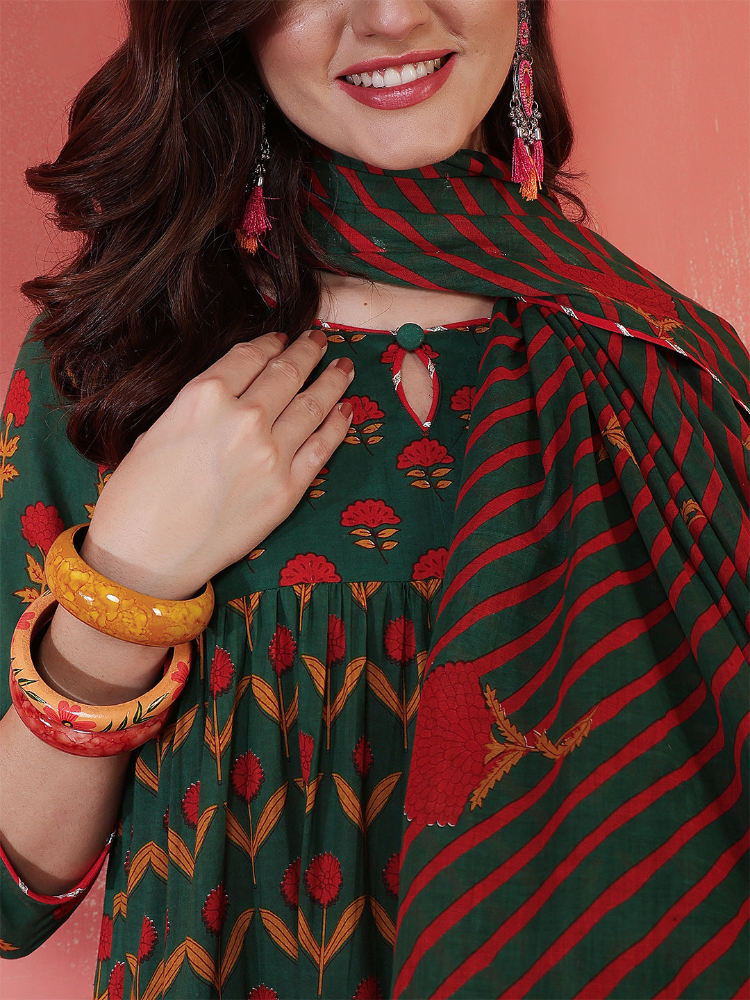 Cotton Calf Length Printed 3/4 Sleeves Key Hole Neck Anarkali Kurta Suit Set