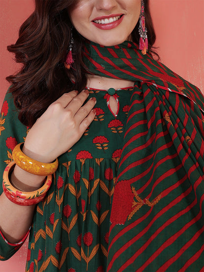 Cotton Calf Length Printed 3/4 Sleeves Key Hole Neck Anarkali Kurta Suit Set