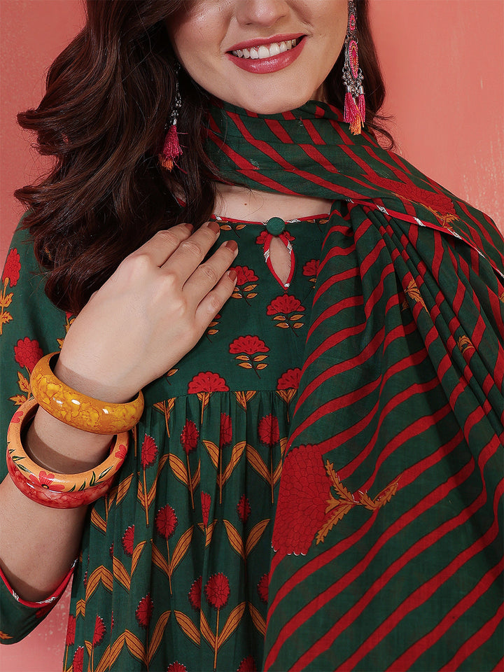 Cotton Calf Length Printed 3/4 Sleeves Key Hole Neck Anarkali Kurta Suit Set