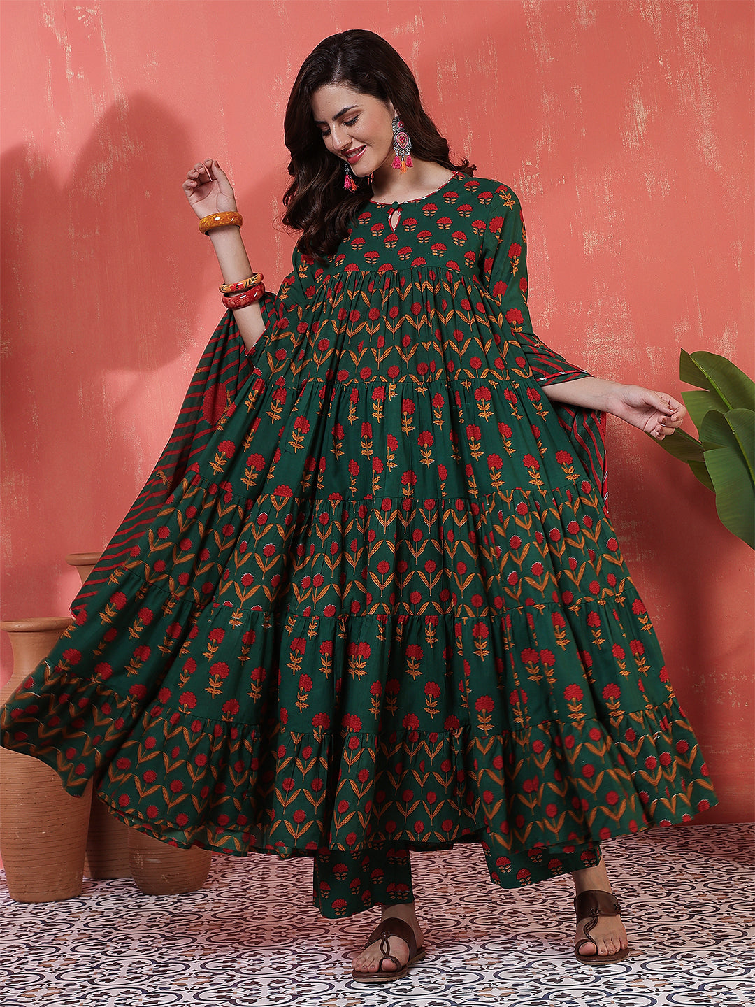 Cotton Calf Length Printed 3/4 Sleeves Key Hole Neck Anarkali Kurta Suit Set