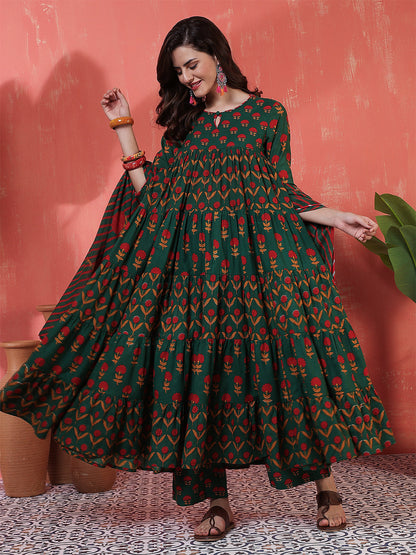 Cotton Calf Length Printed 3/4 Sleeves Key Hole Neck Anarkali Kurta Suit Set