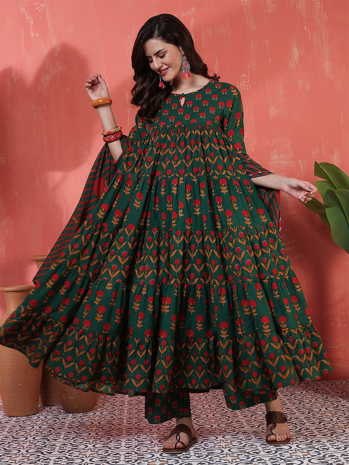 Cotton Calf Length Printed 3/4 Sleeves Key Hole Neck Anarkali Kurta Suit Set