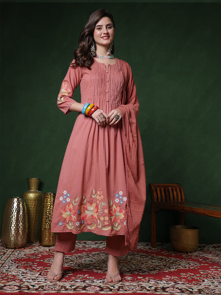 Rayon Calf Length Solid 3/4 Sleeves Round Neck Semi-Flared Kurta Suit Set
