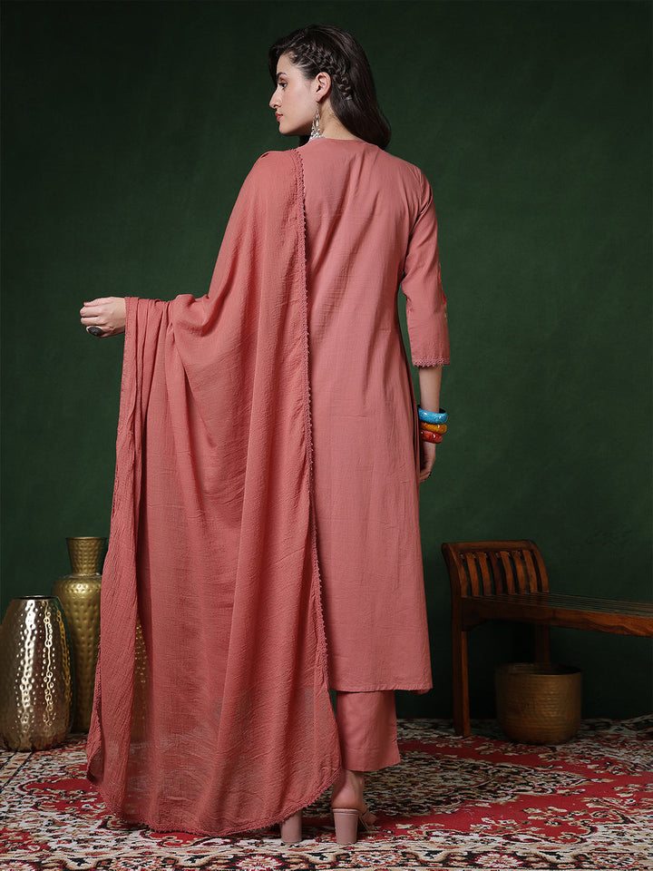 Rayon Calf Length Solid 3/4 Sleeves Round Neck Semi-Flared Kurta Suit Set