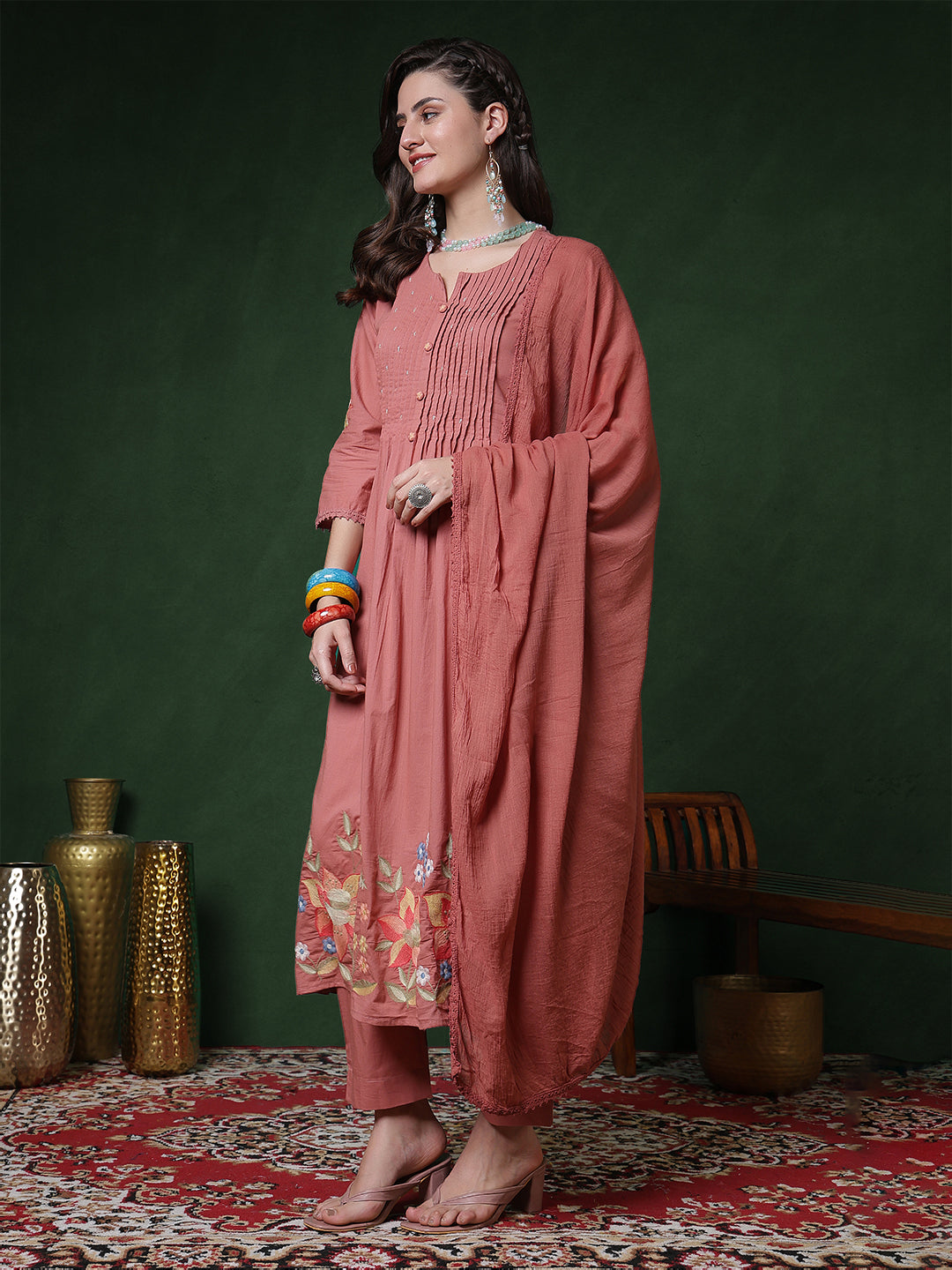 Rayon Calf Length Solid 3/4 Sleeves Round Neck Semi-Flared Kurta Suit Set