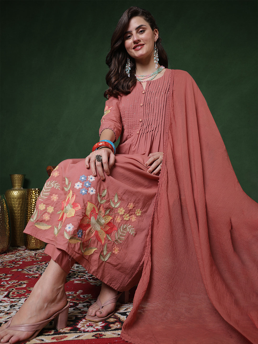 Rayon Calf Length Solid 3/4 Sleeves Round Neck Semi-Flared Kurta Suit Set