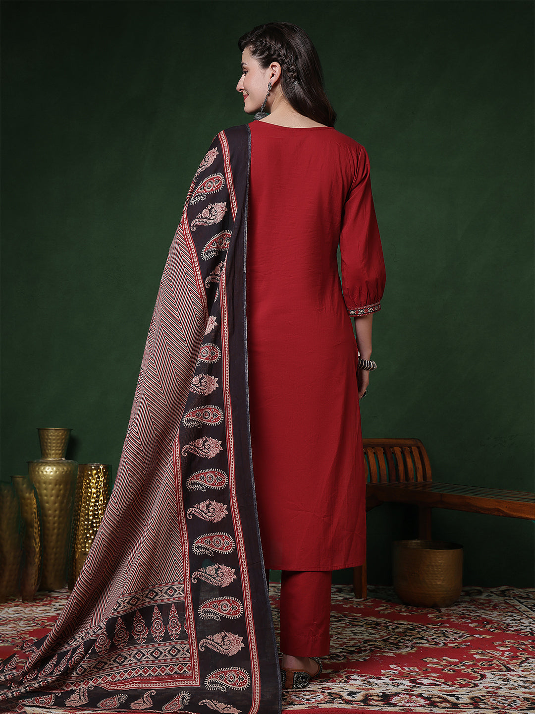 Rayon Calf Length Solid 3/4 Sleeves Round Neck Straight Kurta Suit Set