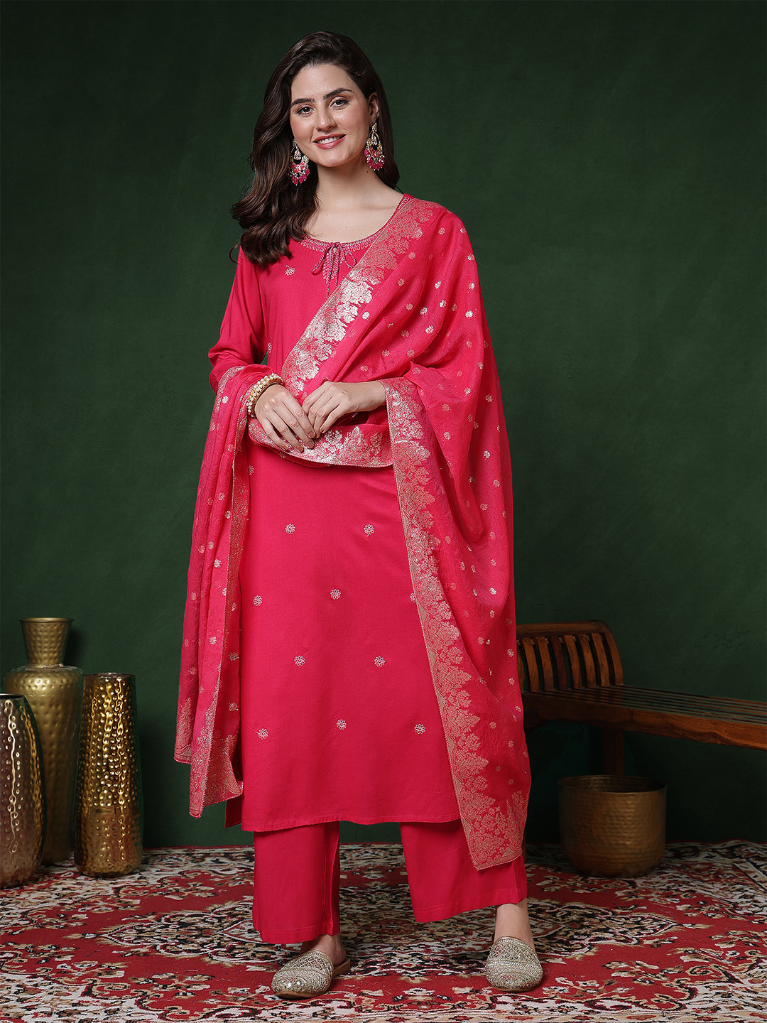 Rayon Calf Length Solid 3/4 Sleeves Round Neck Straight Kurta Suit Set