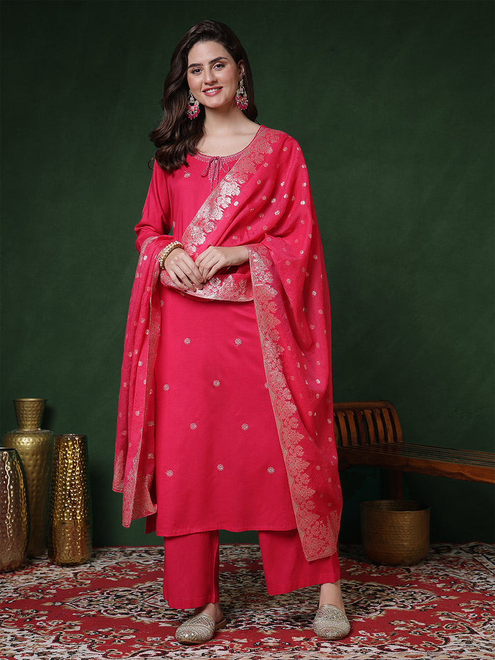 Rayon Calf Length Solid 3/4 Sleeves Round Neck Straight Kurta Suit Set