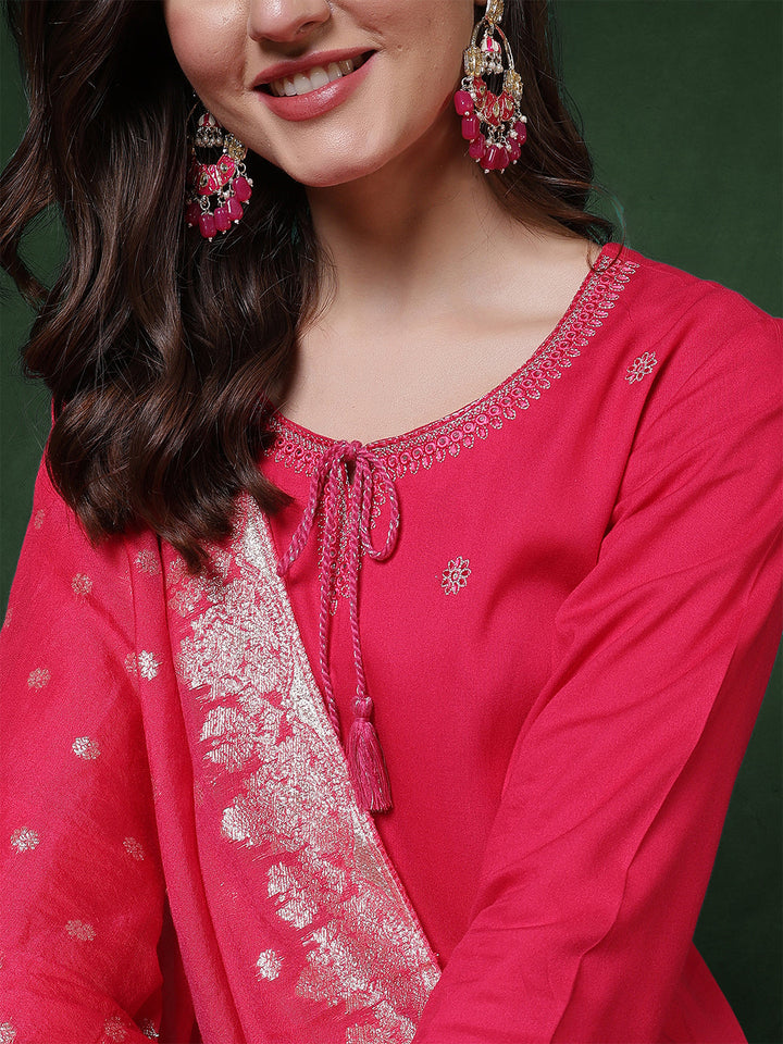Rayon Calf Length Solid 3/4 Sleeves Round Neck Straight Kurta Suit Set