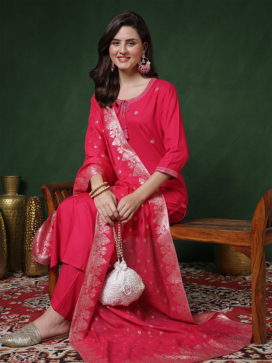 Rayon Calf Length Solid 3/4 Sleeves Round Neck Straight Kurta Suit Set