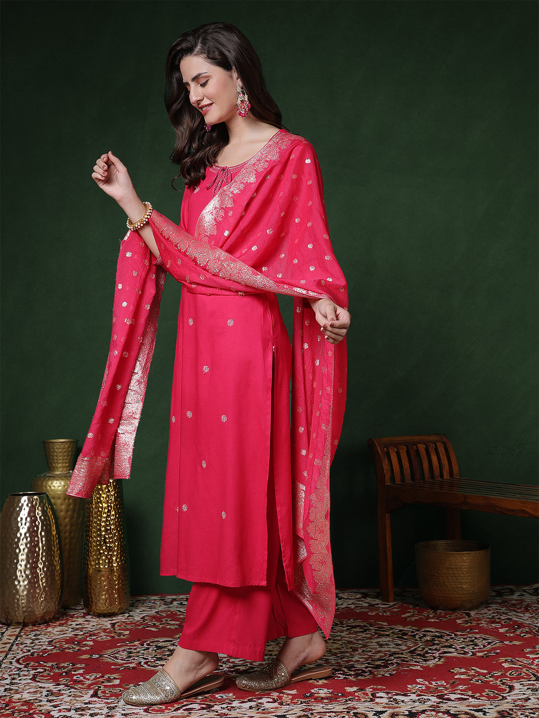Rayon Calf Length Solid 3/4 Sleeves Round Neck Straight Kurta Suit Set