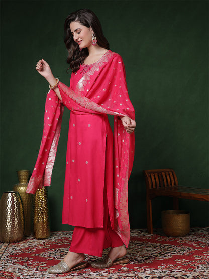 Rayon Calf Length Solid 3/4 Sleeves Round Neck Straight Kurta Suit Set