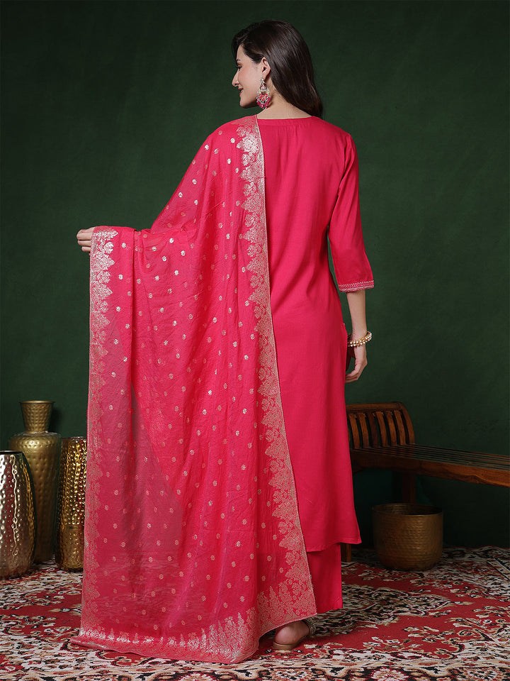 Rayon Calf Length Solid 3/4 Sleeves Round Neck Straight Kurta Suit Set