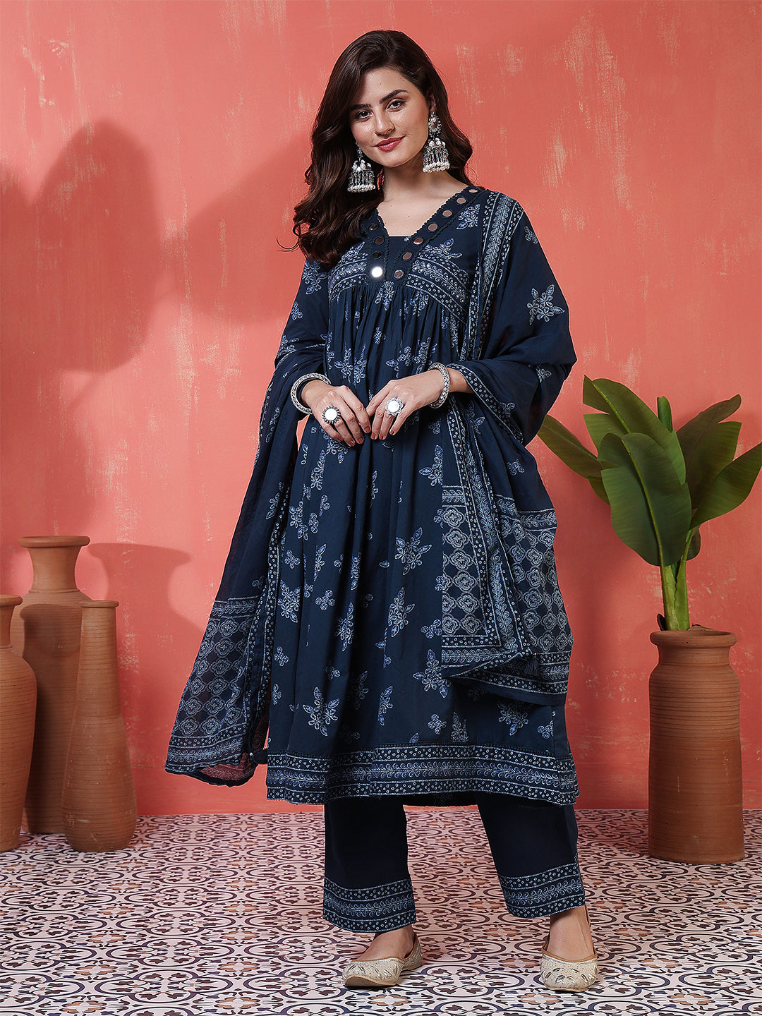 Rayon Calf Length Printed 3/4 Sleeves V-Neck Semi-Flared Kurta Suit Set
