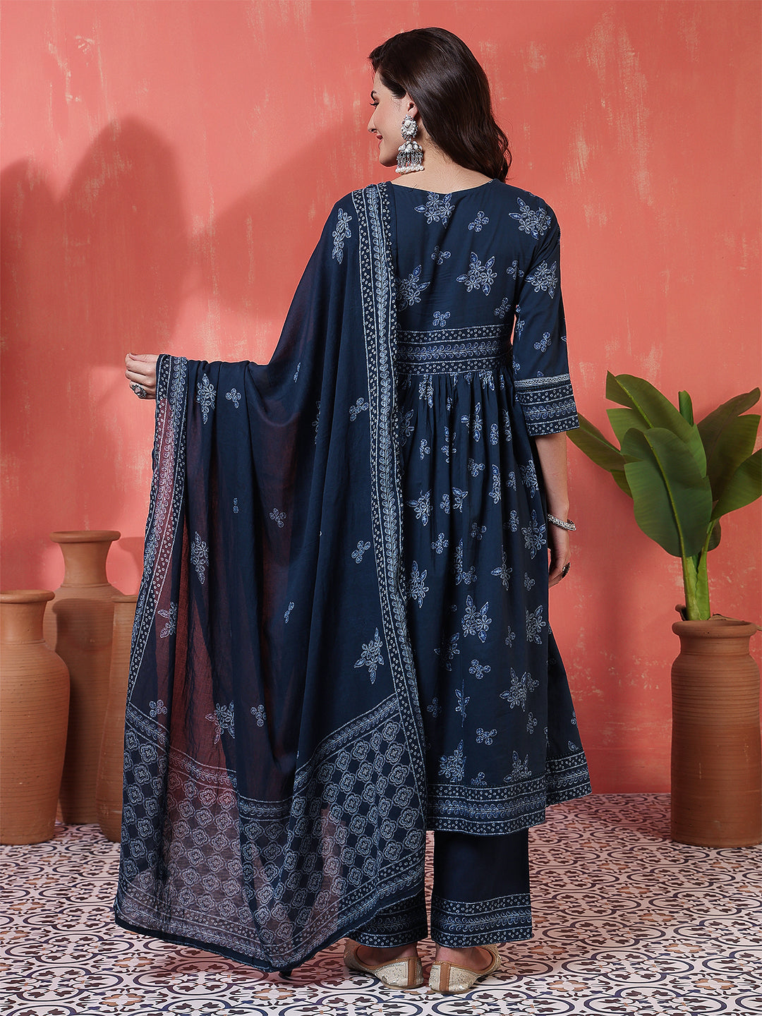 Rayon Calf Length Printed 3/4 Sleeves V-Neck Semi-Flared Kurta Suit Set