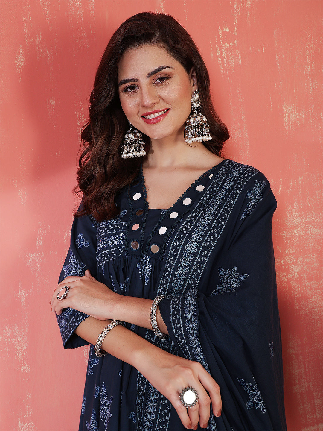 Rayon Calf Length Printed 3/4 Sleeves V-Neck Semi-Flared Kurta Suit Set