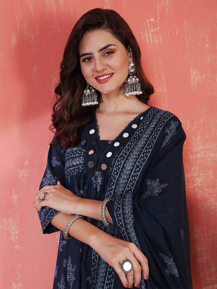 Rayon Calf Length Printed 3/4 Sleeves V-Neck Semi-Flared Kurta Suit Set