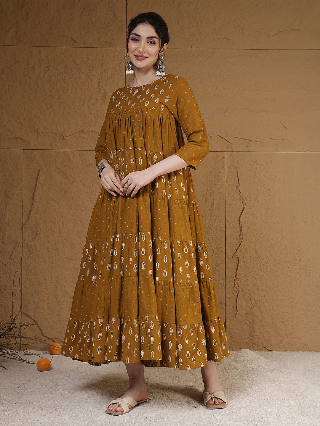 Cotton Calf Length Printed 3/4 Sleeves Key Hole Neck Flared Kurta