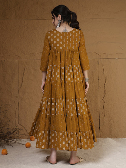 Cotton Calf Length Printed 3/4 Sleeves Key Hole Neck Flared Kurta