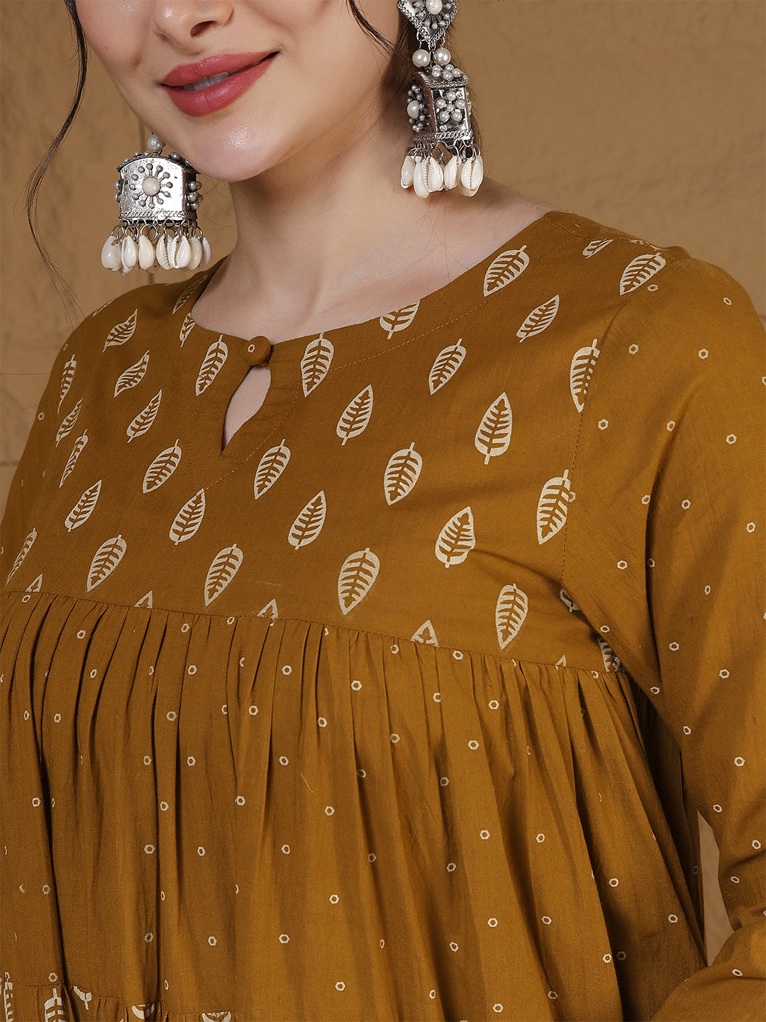Cotton Calf Length Printed 3/4 Sleeves Key Hole Neck Flared Kurta