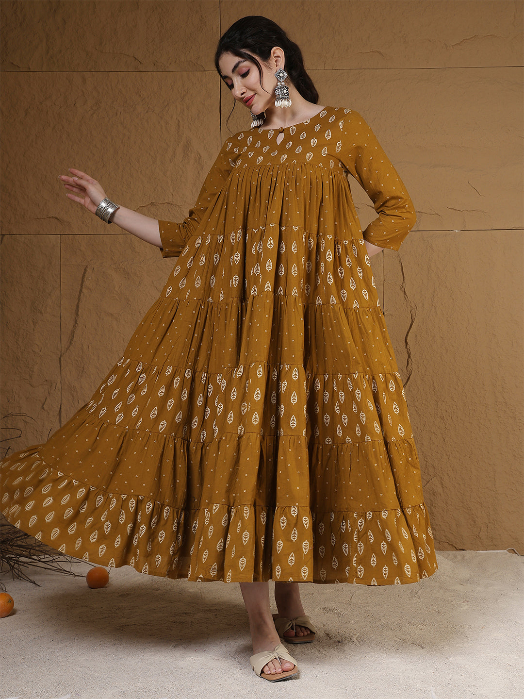 Cotton Calf Length Printed 3/4 Sleeves Key Hole Neck Flared Kurta
