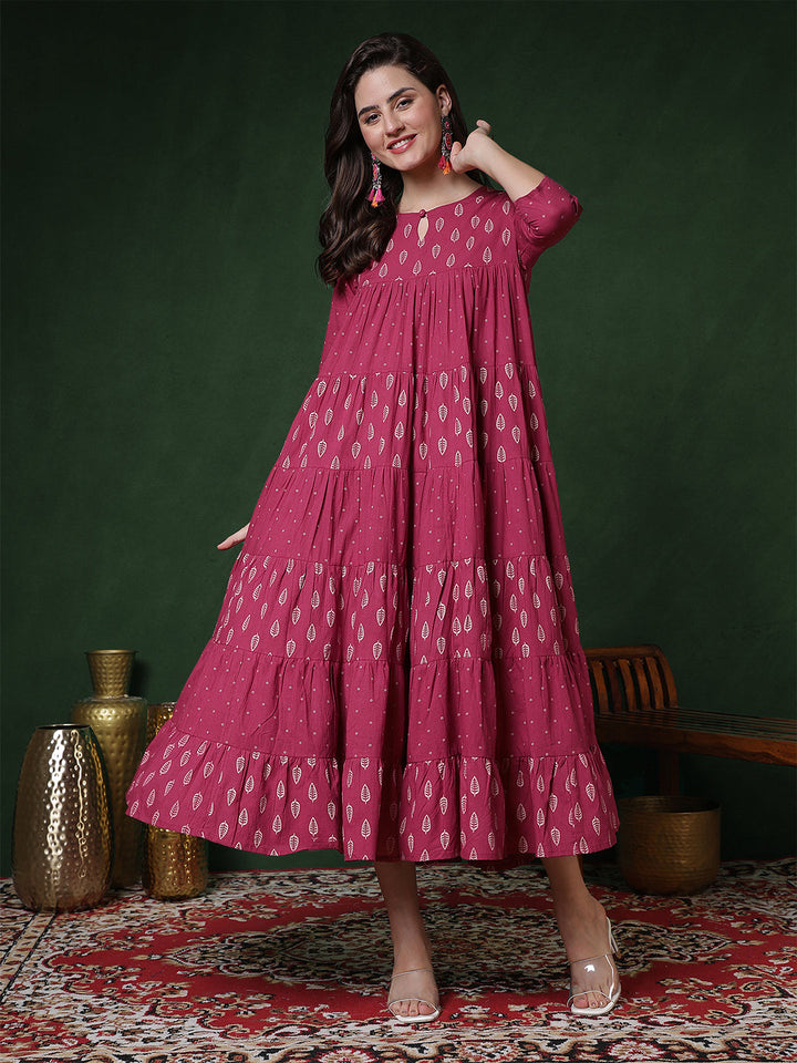 Cotton Calf Length Printed 3/4 Sleeves Key Hole Neck Flared Kurta
