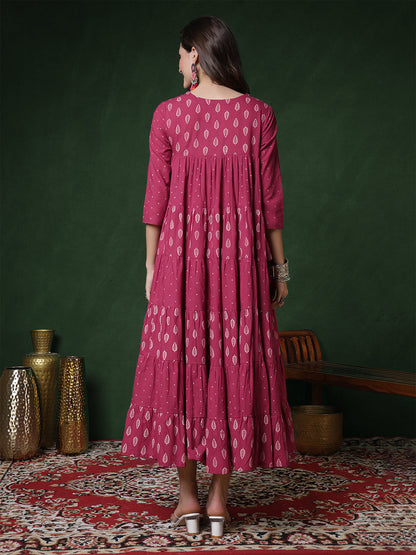 Cotton Calf Length Printed 3/4 Sleeves Key Hole Neck Flared Kurta