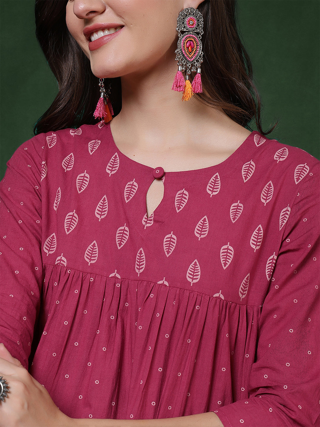 Cotton Calf Length Printed 3/4 Sleeves Key Hole Neck Flared Kurta