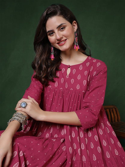 Cotton Calf Length Printed 3/4 Sleeves Key Hole Neck Flared Kurta