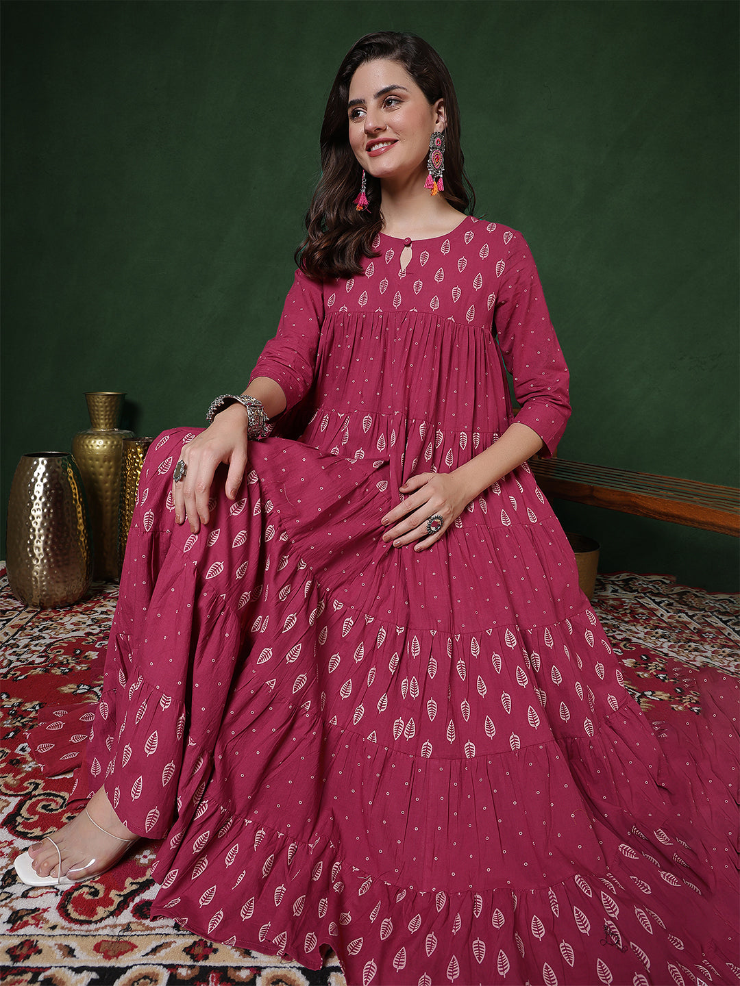 Cotton Calf Length Printed 3/4 Sleeves Key Hole Neck Flared Kurta