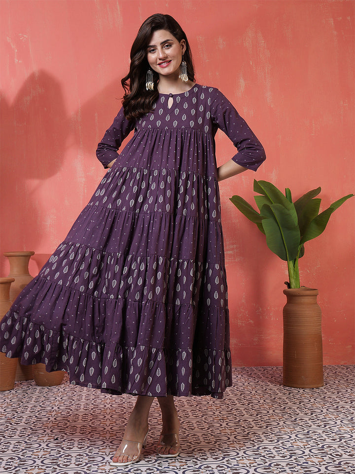 Cotton Calf Length Printed 3/4 Sleeves Key Hole Neck Flared Kurta