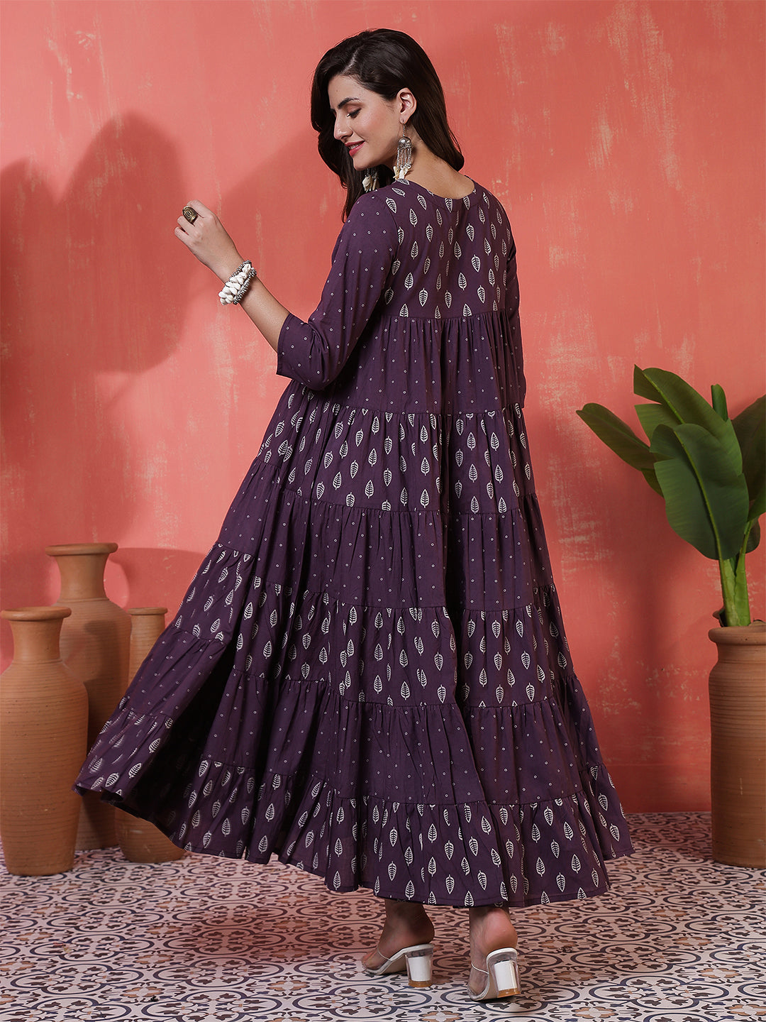 Cotton Calf Length Printed 3/4 Sleeves Key Hole Neck Flared Kurta