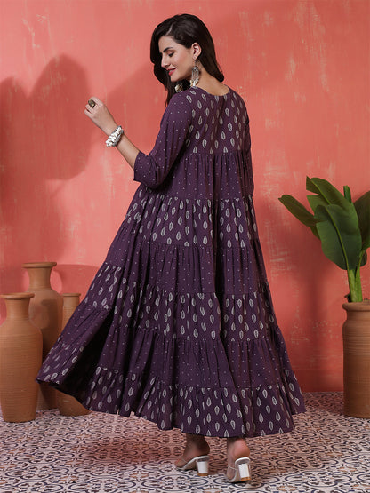 Cotton Calf Length Printed 3/4 Sleeves Key Hole Neck Flared Kurta