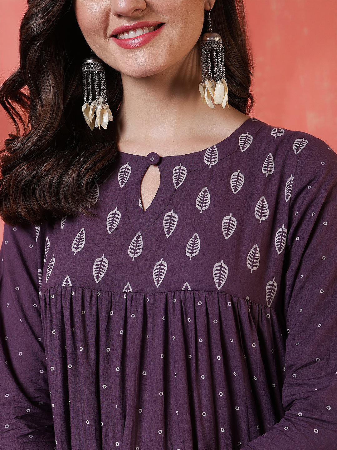 Cotton Calf Length Printed 3/4 Sleeves Key Hole Neck Flared Kurta