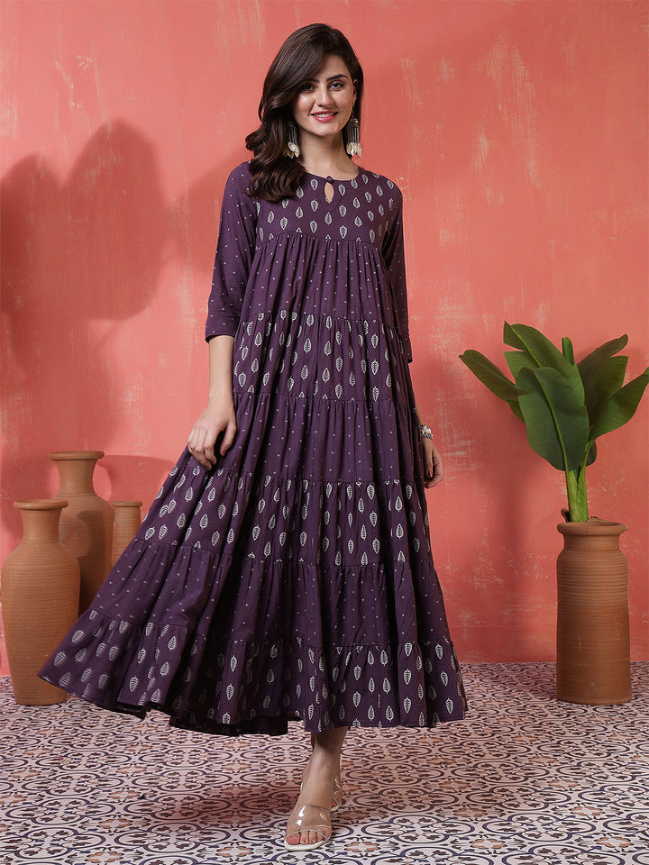 Cotton Calf Length Printed 3/4 Sleeves Key Hole Neck Flared Kurta