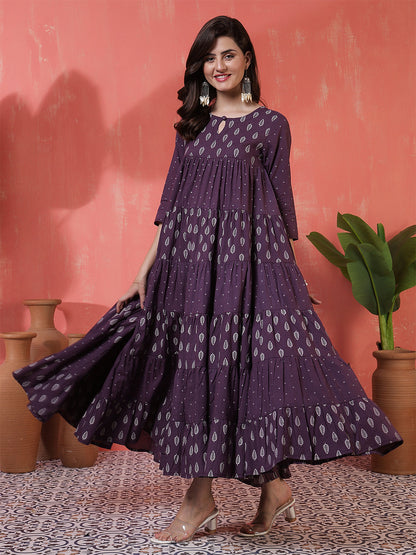 Cotton Calf Length Printed 3/4 Sleeves Key Hole Neck Flared Kurta